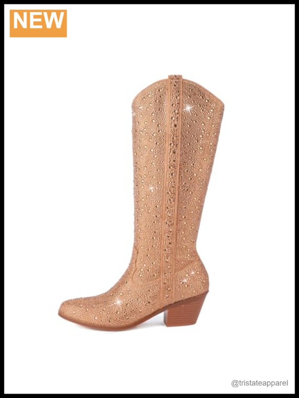 Rhinestone Cowgirl Boots Pointed Toe Chunky Heel Side Zipper Knee High Women's
